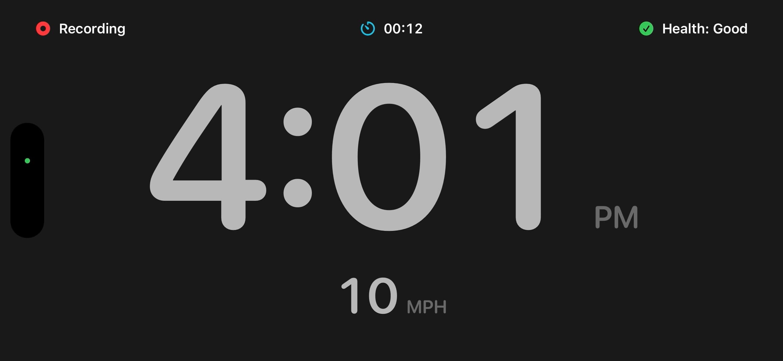 MightyDash recording display with a large clock, driving speed, recording status, timer, and Recording Health