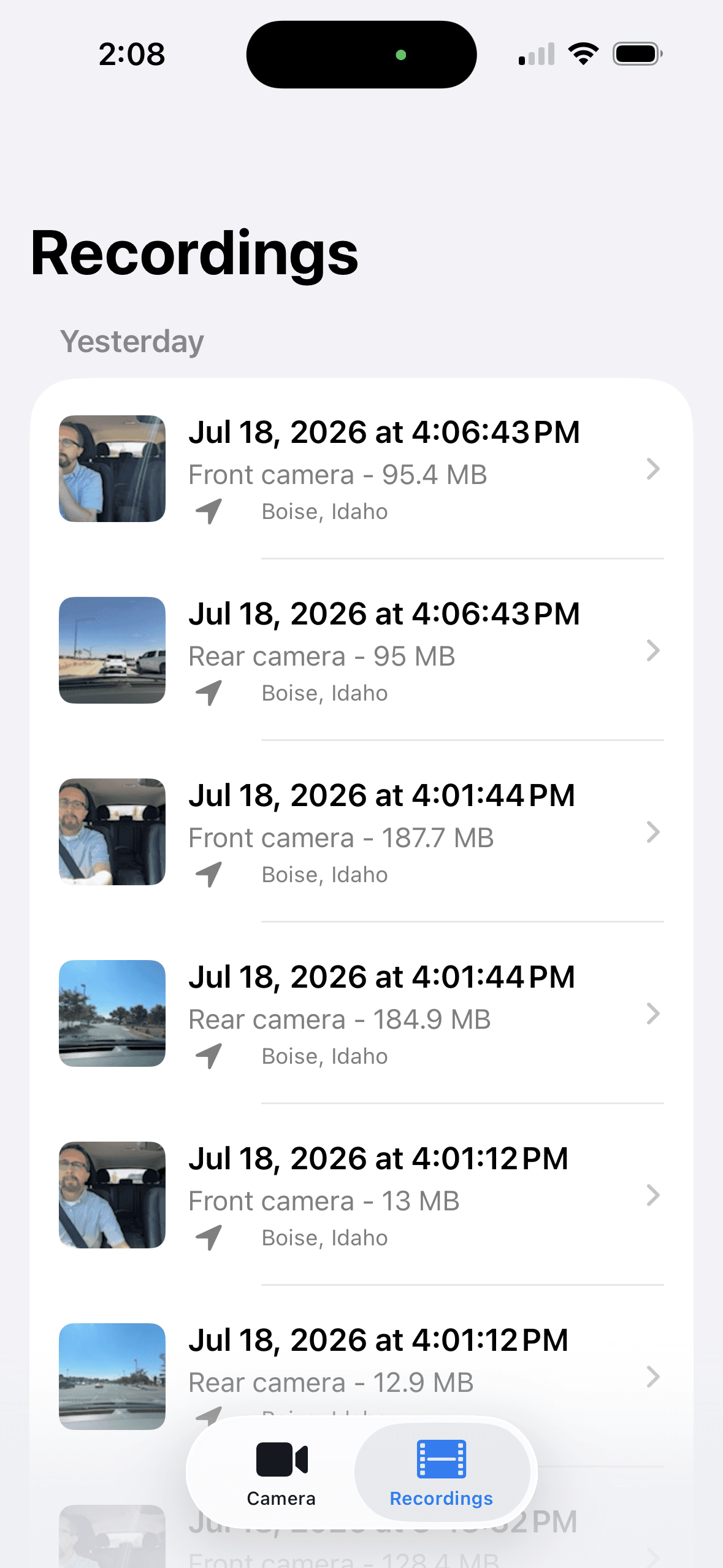 MightyDash recordings organized by day with thumbnails, camera labels, file sizes, and city and state labels