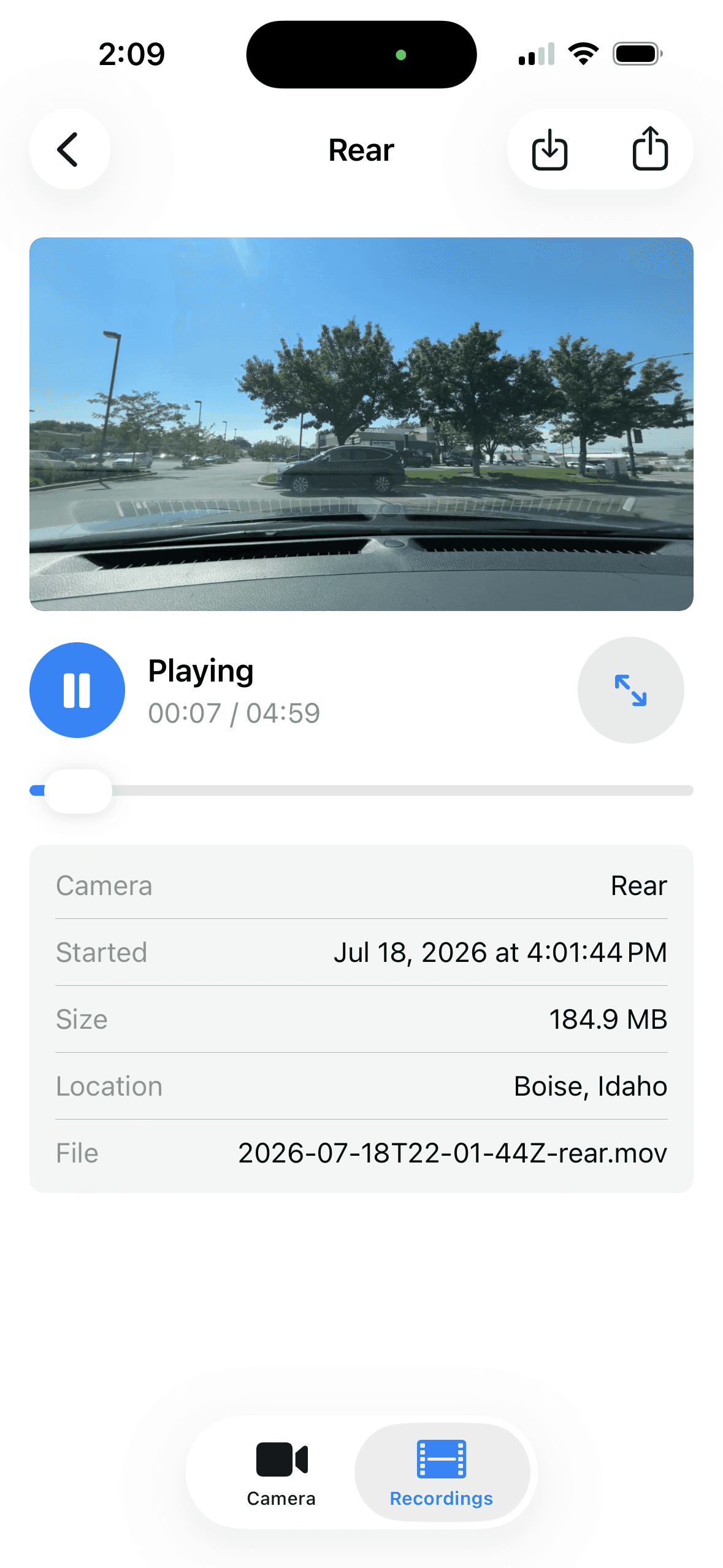 MightyDash recording playback with save, share, full-screen, and recording detail controls