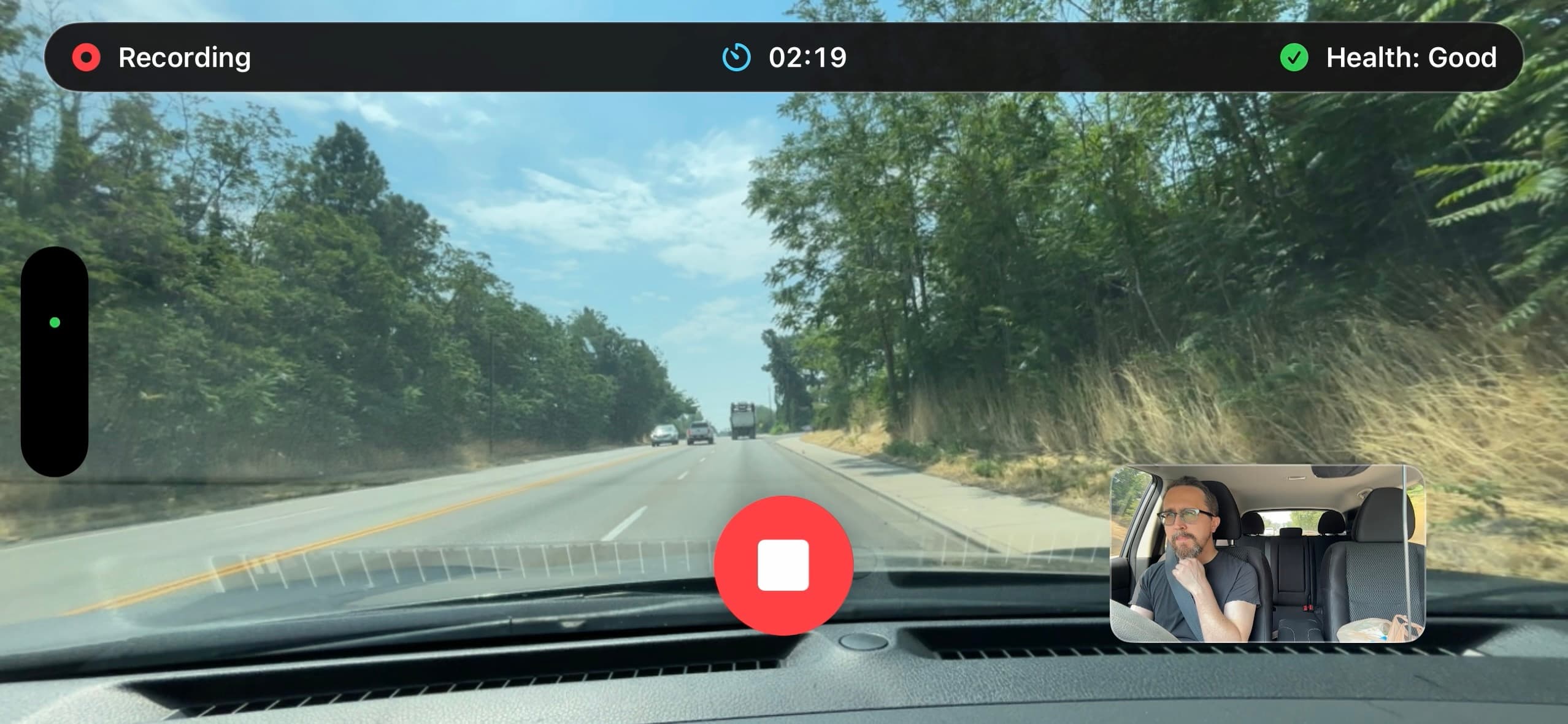 MightyDash recording a road view with elapsed time, Recording Health, stop control, and front-camera preview