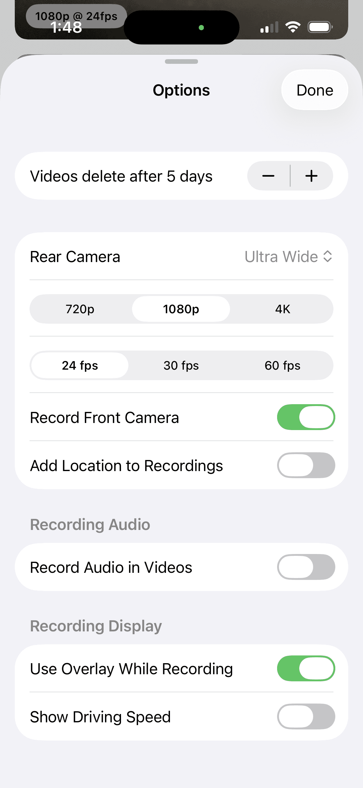 MightyDash options for retention, camera, video quality, frame rate, audio, location, and recording display